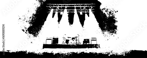 Grunge black and white concert stage with spotlights silhouette for urban design