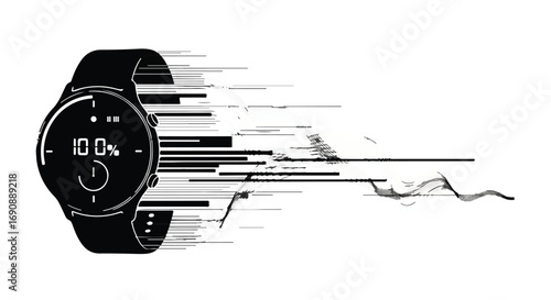 Smartwatch displaying full battery with dynamic digital data streams emanating outwards.