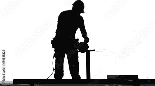 Construction worker silhouette with power grinder cutting metal, sparks flying black man illustration, industrial fabrication handyman construction site labor silhouette