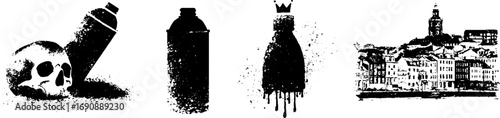 Grunge black and white stencil of spray paint and urban scene for creative design projects