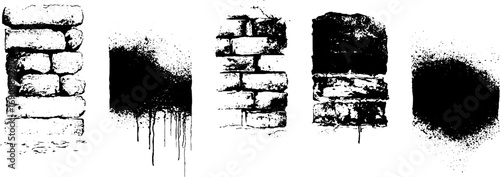 Urban grunge black and white ink stencil set with spray and spatter distress details for design and art projects