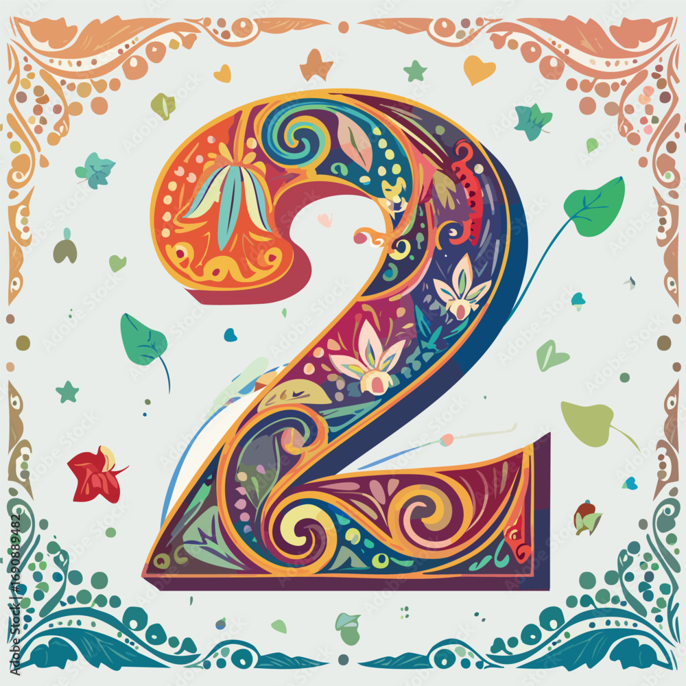 Fototapeta premium Artistic Number 2 with Floral and Leaf Pattern - AI Generated