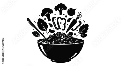 Fresh vegetables bursting from a bowl of healthy grains, symbolizing vibrant nutrition and wholesome eating.