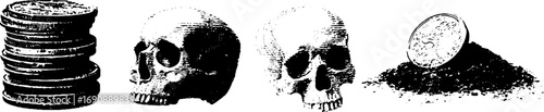Grunge black and white illustration set featuring coins, skulls, and soil texture