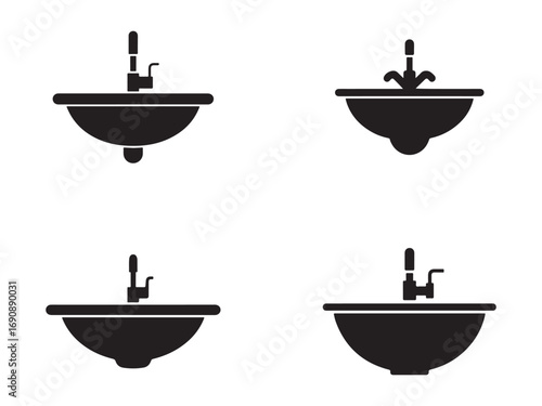 Four Black and White Bathroom Sink Icons with Faucets