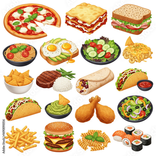 Delicious diverse food collection isolated on white. Pizza, tacos, burgers, sushi, pasta, salad, and popular global cuisines.