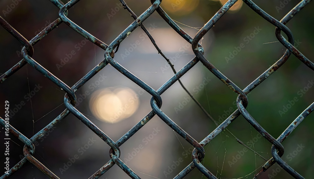 Fototapeta premium Close-Up View of Rusty Chain Link Fence with Bokeh Background Effect