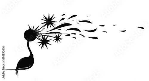 Whimsical dandelion seed head dispersing in a burst of abstract energy