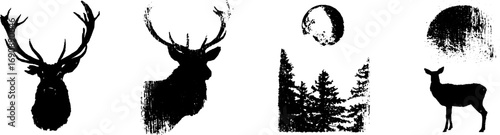 Grunge black and white stag and forest silhouettes for design and decoration