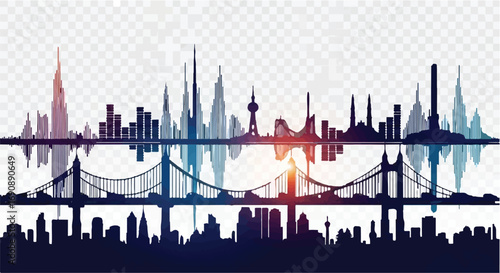 Modern city skyline silhouette reflecting in water with bridges, symbolizing urban development and progress.