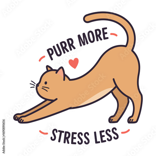 Cute cat stretching with purr more stress less text isolated on transparent background