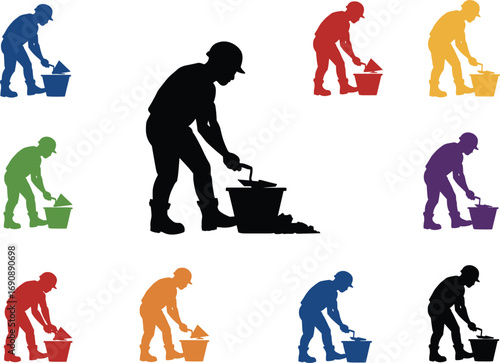 Construction worker silhouettes with trowel and bucket, mason bricklayer handyman plasterer black man illustration, construction labor worker building silhouette