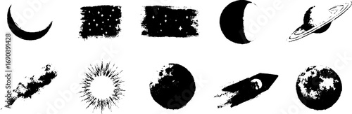 Grunge black and white cosmic elements set for creative design projects