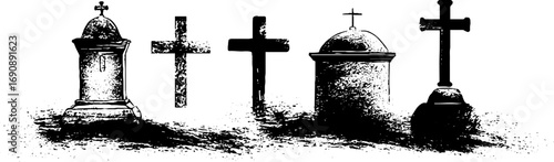 Grunge black and white stone monument illustrations for urban design and posters