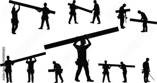 Construction worker silhouettes carrying beams and wood planks, builder handyman black man illustration, carpenter carrying heavy material construction site silhouette