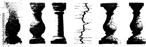 Grunge black and white stone columns and cracks for urban design projects