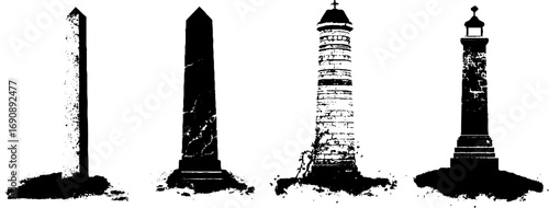 Grunge black and white stone monument silhouette set for urban design and decor