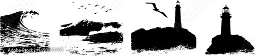 Grunge black and white coastal storm illustrations for design and print