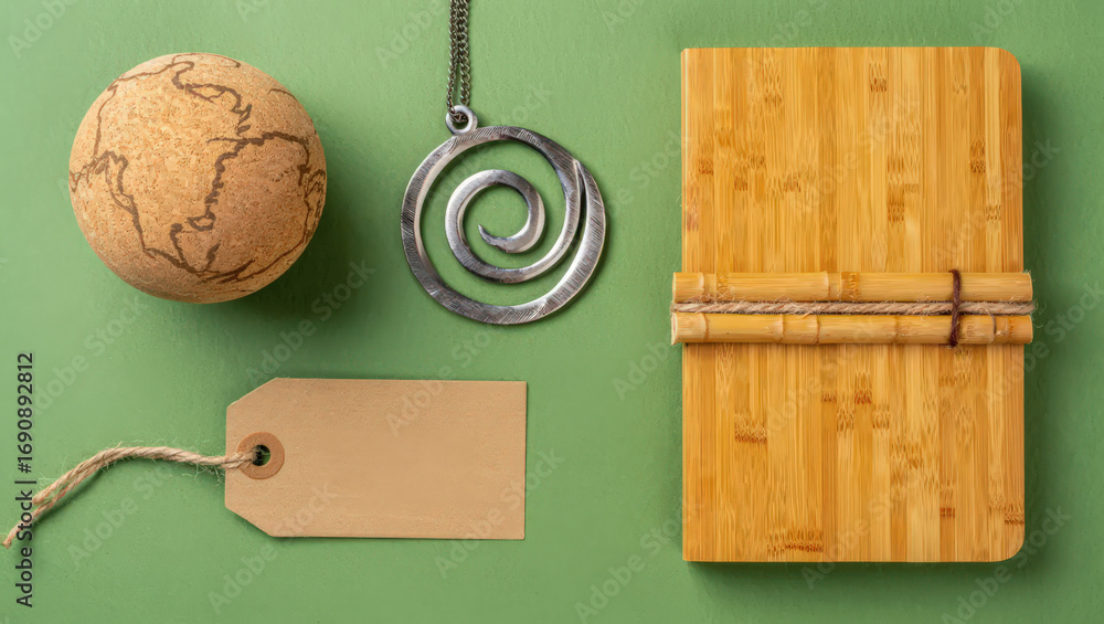 Fototapeta premium Artistic Composition Featuring a Cork Globe, Spiral Pendant, Bamboo Notebook, and a Kraft Paper Tag on a Textured Green Backdrop, Ideal for Creative Projects