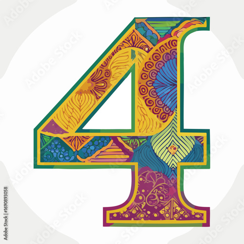 Bright Multicolor Number 4 with Artistic Pattern - AI Generated