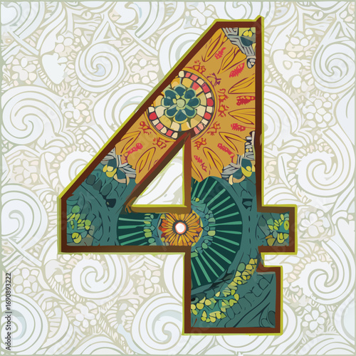 Decorative Number 4 with Colorful Ornamental Motifs - AI Generated