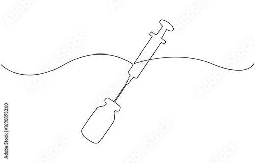 One continuous line drawing of medicine set with syringe and vial.