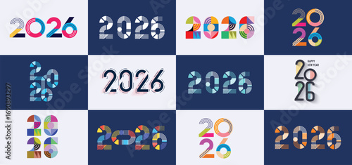 Big Set of 2026 geometric number design template. 2026 New Year logo text design. Collection of 2026 Happy New Year. Vector illustration.