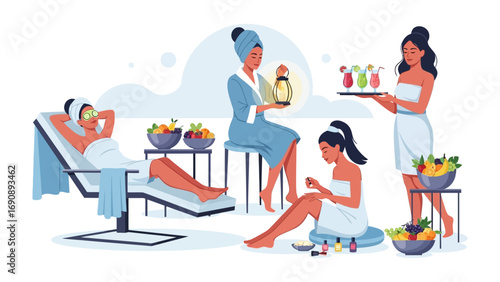 Relaxing spa scene with women receiving treatments and enjoying refreshing drinks served by a therapist in a tranquil wellness environment