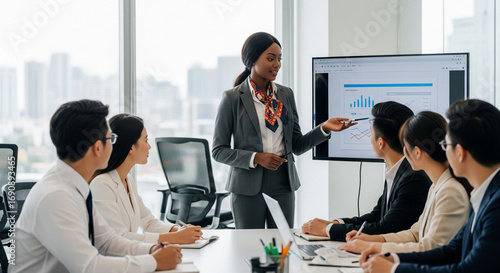 A woman in a suit leads a presentation to a diverse group in a modern office. They're engaged, analyzing data, with sunlight streaming through the window.