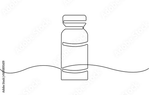 One continuous line drawing of medicine set with syringe and vial.