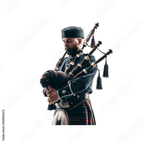 Highland Bagpiper in Traditional Attire Playing Scottish Bagpipes