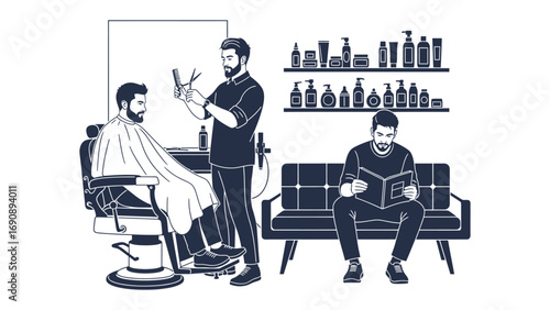 Vintage style illustration of a barber shop scene with a barber giving a haircut to a client and another man reading a magazine