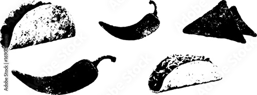 Grunge black and white food elements featuring tacos and peppers for retro design projects