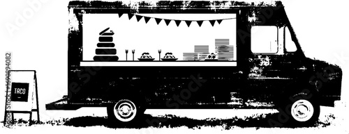 Grunge black and white taco truck design for urban street food theme