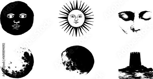 Mystical grunge black and white tarot illustrations for spiritual design projects