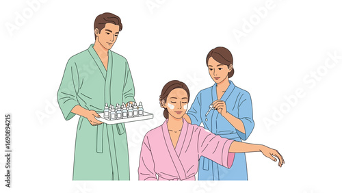 Caring medical professionals in robes administer treatment and hold a tray of medications to a patient in a healthcare setting
