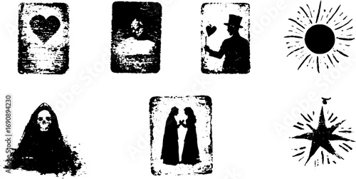 Grunge black and white tarot card illustrations for mystical design and decor