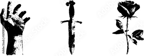 Grunge black and white tattoo designs featuring hand dagger and rose for creative projects