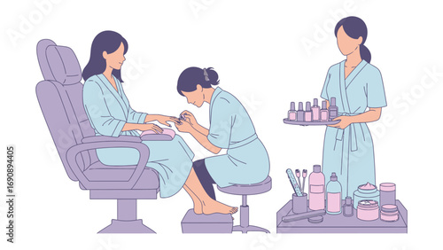 Professional nail technician carefully applying polish to a client s fingernails in a relaxing spa setting with various beauty products