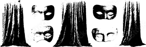 Grunge black and white theater masks and curtain illustration set for artistic projects