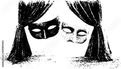 Grunge black and white theater masks with curtains for artistic design