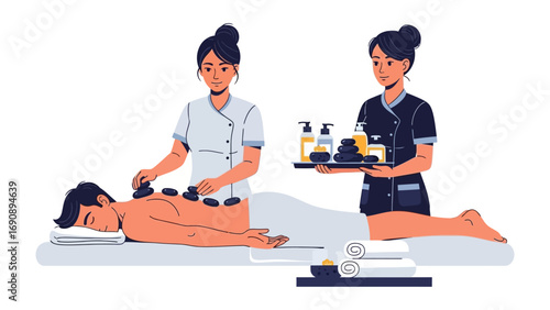 Two female spa therapists performing a cupping therapy session on a client lying face down on a massage table with oils and stones