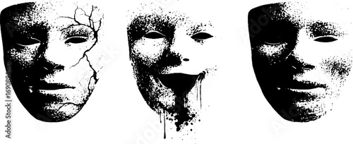 Dramatic grunge black and white theatrical mask collection for design projects