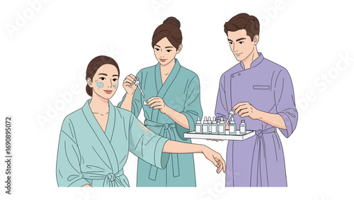 Professional spa therapist applying facial treatment to a relaxed woman while a male assistant holds a tray of beauty products
