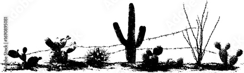 Grunge black and white cactus and thorn silhouette illustration for urban design