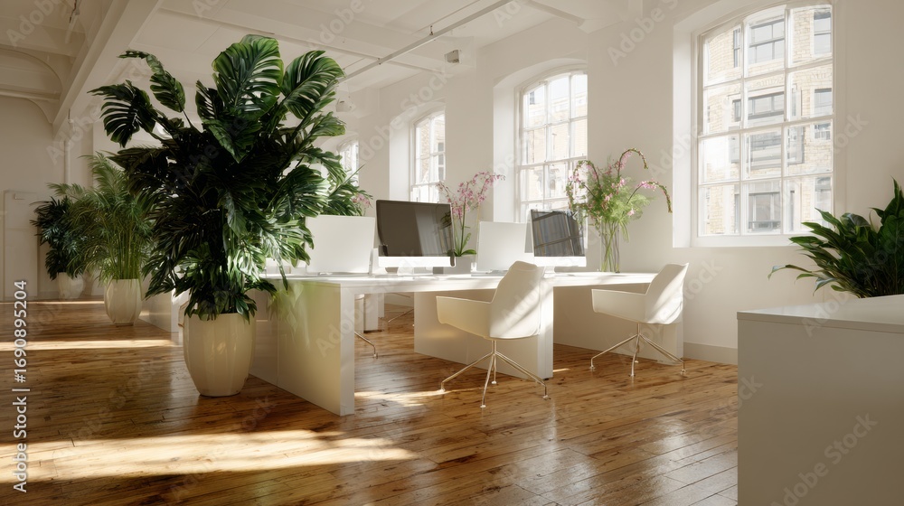 Fototapeta premium Modern office interior with green plants and natural light