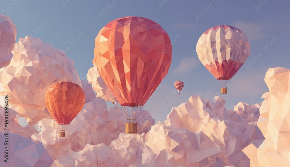 Fototapeta premium Low-poly hot air balloons amidst clouds at sunset