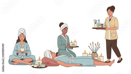 Diverse group of women enjoying a relaxing spa treatment with aromatherapy massage and meditation in a serene wellness environment