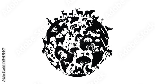 Diverse wildlife silhouettes embracing the planet, symbolizing global biodiversity and conservation efforts.