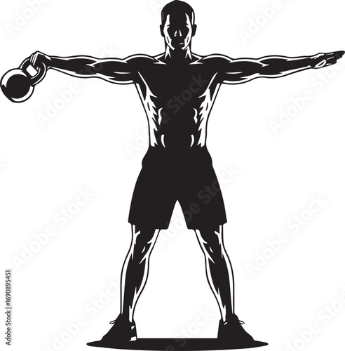 Muscular fitness athlete silhouette holding kettlebell arms outstretched strong man workout pose